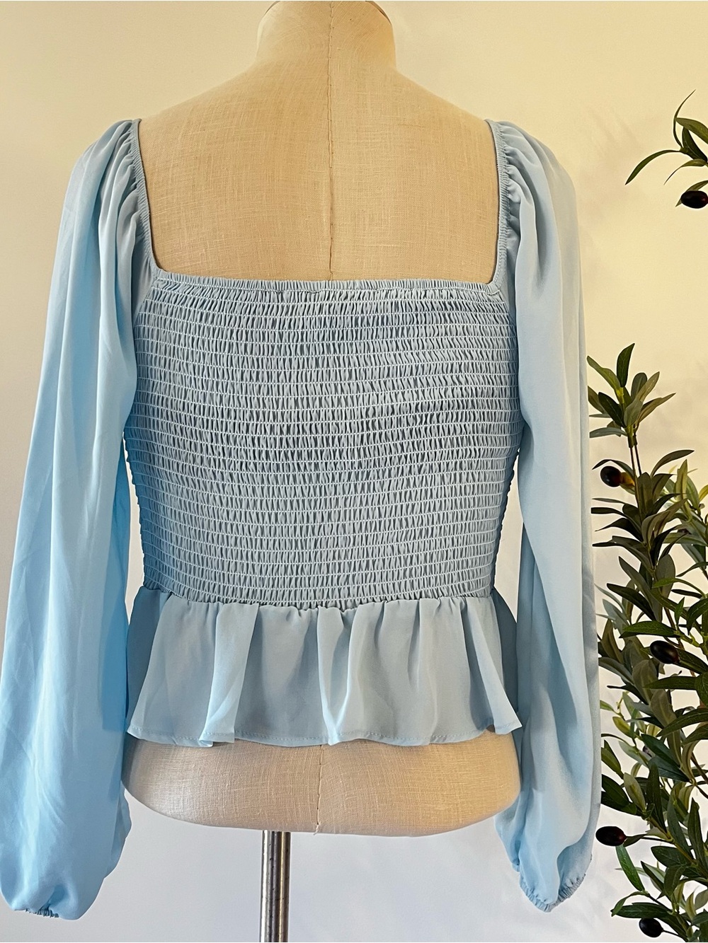 Shinestar Light Blue Smocked Peplum Blouse with Balloon Sleeves